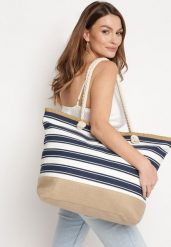 Beżowo-Granatowa Plażowa Torebka Shopper z Rączkami ze Sznurka Wykończona Plecionką Zapinana na Suwak Linneli. Brązowe torebki shopper damskie Born2be, bez wzorów, z materiału, eleganckie, bez dodatków. Za 44.99 zł.