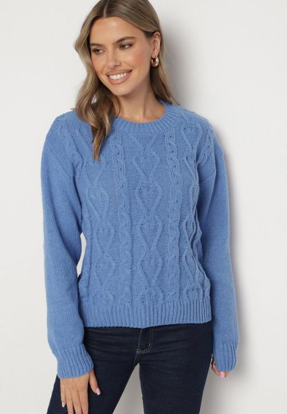 Niebieski Sweter z Wełną Ściągaczem i Tłoczeniem Riavonnae. Niebieskie swetry damskie Born2be, bez wzorów, z jeansu, eleganckie, bez kołnierzyka, bez ramiączek, bez kaptura. Za 79.99 zł.