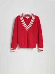 Bawełniany sweter - czerwony. Czerwone swetry damskie Reserved, l, bez wzorów, z bawełny, bez kołnierzyka, bez ramiączek, bez kaptura. W wyprzedaży za 159.99 zł.