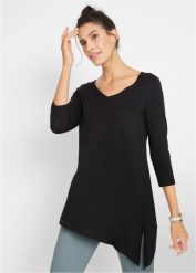 Długi shirt z mieszanki bawełny z wiskozą. Czarne bluzki damskie bonprix, bez wzorów, z bawełny, z asymetrycznym kołnierzem, bez ramiączek. Za 59.99 zł.