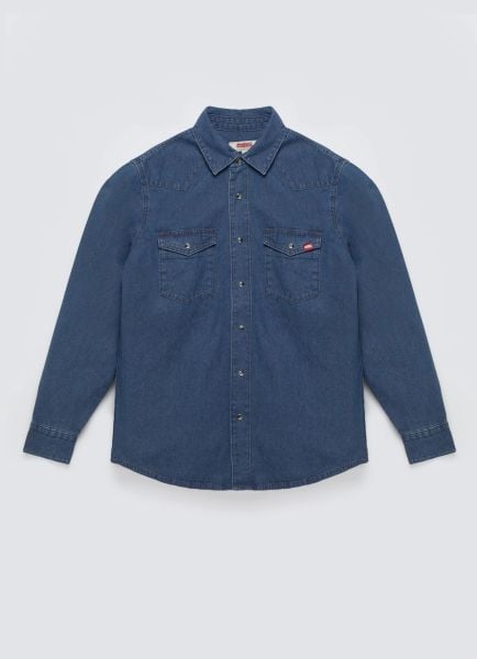 Koszula męska jeansowa niebieska Western 121. Niebieskie koszule męskie Big Star, l, bez wzorów, z bawełny, bez kołnierzyka, bez ramiączek. W wyprzedaży za 249.99 zł.