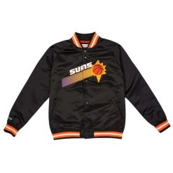 Lekka satynowa kurtka Phoenix Suns. Czarne kurtki sportowe męskie Mitchell & Ness, bez wzorów, z satyny, do koszykówki. Za 477.50 zł.