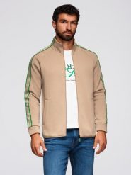 Bluza męska rozpinana z lampasami i wysoką stójką – brązowa V1 - Rozmiar: M. Brązowe bluzy męskie Ombre Clothing, m, bez wzorów, z bawełny, bez kaptura. Za 209.99 zł.