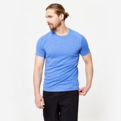 Koszulka fitness męska Domyos krótki rękaw. Brązowe buty sportowe męskie DOMYOS, m, bez wzorów, z materiału, bez kołnierzyka, bez ramiączek, na fitness i siłownię. Za 19.99 zł.