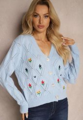 Jasnoniebieski Kardigan z Dodatkiem Wełny z Naszywkami w Kształcie Kwiatów Gatina. Niebieskie kardigany damskie Renee, l, z aplikacjami, z jeansu, eleganckie, bez kołnierzyka, bez ramiączek, bez kaptura. Za 69.99 zł.