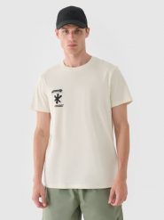 4F T-shirt regular z nadrukiem męski - beżowy M. Brązowe koszulki sportowe męskie 4f, m, bez wzorów, z bawełny, bez kołnierzyka, bez ramiączek. W wyprzedaży za 29.99 zł.