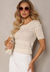 Beżowa Klasyczna Bluzka w Ażurowy Wzór Lidakra. Brązowe bluzki damskie Renee, s, w ażurowe wzory, z jeansu, eleganckie, bez kołnierzyka, bez ramiączek. Za 59.99 zł.