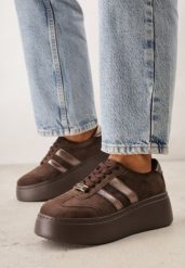 Brązowe Zamszowe Sneakersy na Grubej Podeszwie ze Skórzaną Wkładką Yinrieth. Brązowe obuwie sportowe damskie Born2be, bez wzorów, z dzianiny. Za 219.99 zł.