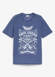 T-shirt z efektem sprania, z czystej bawełny organicznej. Niebieskie t-shirty męskie bonprix, l, bez wzorów, z bawełny, eleganckie, bez kołnierzyka. Za 59.99 zł.