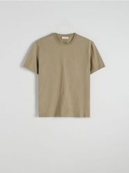 Bawełniany t-shirt regular - oliwkowy. Zielone t-shirty męskie Reserved, l, bez wzorów, z bawełny, bez kołnierzyka. Za 69.99 zł.