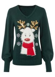 Sweter bożonarodzeniowy. Zielone swetry damskie bonprix, bez wzorów, bez kołnierzyka, bez ramiączek, bez kaptura. Za 159.99 zł.