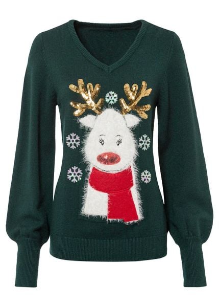 Sweter bożonarodzeniowy. Zielone swetry damskie bonprix, bez wzorów, bez kołnierzyka, bez ramiączek, bez kaptura. Za 159.99 zł.