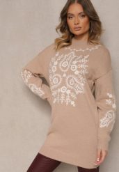 Ciemnobeżowy Sweter z Wiskozą o Długim Kroju z Ozdobnym Haftem Adelithra. Brązowe swetry damskie Renee, bez wzorów, z jeansu, casualowe, bez kołnierzyka, bez ramiączek, długie, bez kaptura. Za 139.99 zł.