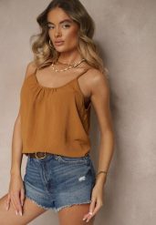 Brązowy Basicowy Top z Bawełną Thireldi. Brązowe bluzki damskie Renee, na lato, l, bez wzorów, z bawełny, bez kołnierzyka, bez ramiączek. Za 29.99 zł.