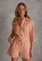 Pomarańczowy Komplet z Bawełny w Kwiaty Koszula i Krótkie Spodenki Brannaestra. Brązowe szorty damskie Renee, na lato, m, bez wzorów, z bawełny, eleganckie. Za 169.99 zł.