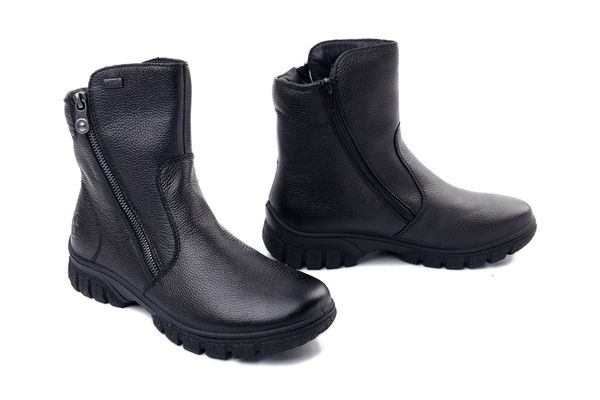 Rieker TEX Z7263-00 black, botki damskie. Czarne botki damskie Rieker, ze skóry, bez obcasa, bez zapięcia. Za 449.90 zł.