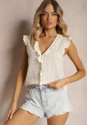 Jasnobeżowy Ażurowy Top z Bawełny Ozdobiony Falbanką Oiefia. Brązowe t-shirty i topy dla dziewczynek Renee, w ażurowe wzory, z bawełny, bez ramiączek. Za 74.99 zł.
