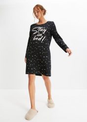 Koszula nocna z długim rękawem, z bawełny organicznej. Czarne koszule nocne damskie bonprix, bez wzorów, z bawełny, długie. Za 64.99 zł.