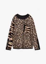 Sweter z cienkiej dzianiny ze wzorem w panterkę. Brązowe swetry damskie bonprix, bez wzorów, z dzianiny, bez kołnierzyka, bez ramiączek, bez kaptura. Za 147.99 zł.
