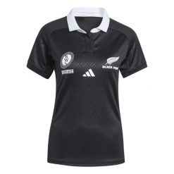 Kurtka domowa damska Black Ferns Mistrzostwa Świata 2025. Czarne koszulki sportowe damskie Adidas, bez wzorów, bez kołnierzyka, bez ramiączek. Za 428.00 zł.