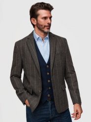 Męska elegancka marynarka w delikatną kratę z domieszką wełny – ciemnobrązowa V3 - Rozmiar: L. Szare marynarki męskie Ombre Clothing, z aplikacjami, z jeansu, biznesowe. W wyprzedaży za 314.99 zł.