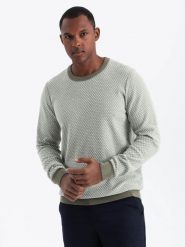 Dzianinowy męski sweter RELAXED FIT we wzory oliwkowy V2 OM-SWSW-0111 XXL. Zielone bluzy męskie Ombre, m, bez wzorów, z dzianiny, bez kaptura. Za 105.88 zł.