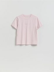 T-shirt z nadrukiem - pastelowy róż. Czerwone t-shirty damskie Reserved, l, bez wzorów, z bawełny, klasyczne, bez kołnierzyka. Za 35.99 zł.