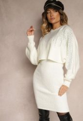 Biały Komplet z Wiskozy Sweter Ozdobiony Cyrkoniami i Prążkowana Spódnica Emelessa. Białe swetry damskie Renee, bez wzorów, prążkowane, eleganckie, bez kołnierzyka, bez ramiączek, długie, bez kaptura. Za 149.99 zł.