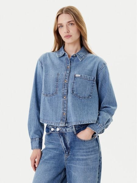 Guess Jeans Koszula W5YH0D D5M86 Niebieski Regular Fit. Niebieskie bluzki damskie Guess Jeans, m, z aplikacjami, z bawełny, bez kołnierzyka, bez ramiączek. Za 198.99 zł.