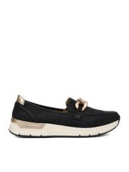 Rieker Półbuty 58944-00 Czarny. Czarne półbuty damskie Rieker, bez wzorów, z materiału, bez obcasa, na płaskiej podeszwie, bez zapięcia. Za 349.99 zł.