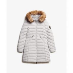 Damska kurtka puchowa Superdry. Szare kurtki damskie Superdry., na zimę, bez wzorów, z puchu, bez kaptura. Za 655.55 zł.