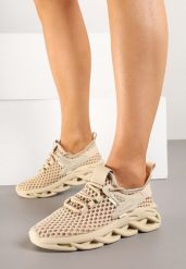 Ciemnobeżowe Siateczkowe Buty Sportowe Sneakersy na Grubej Tłoczonej Podeszwie Telarienna. Brązowe obuwie sportowe damskie Born2be, bez wzorów, z materiału. Za 79.99 zł.