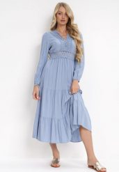 Niebieska Rozkloszowana Sukienka z Koronką Brightyn. Niebieskie sukienki damskie Born2be, na imprezę, l, z aplikacjami, z koronki, bez kołnierzyka, bez ramiączek, maxi, rozkloszowane. Za 89.99 zł.