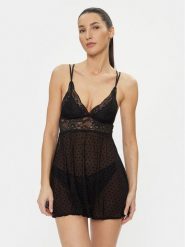 Hunkemöller Koszula nocna Beatriz 169282 Czarny Feminine Fit. Czarne piżamy damskie Hunkemöller, xl, bez wzorów, z syntetyku, bez ramiączek. Za 109.99 zł.