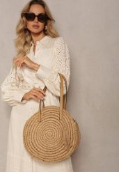 Beżowa Pleciona Okrągła Torebka Shopperka z Długimi Rączkami i Paskiem Acelema. Brązowe torebki do ręki damskie Renee, bez wzorów, z jeansu, eleganckie, bez dodatków. Za 89.99 zł.