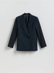 Dwurzędowa marynarka z dodatkiem wełny - granatowy. Niebieskie żakiety damskie Reserved, l, bez wzorów, z tkaniny. Za 359.99 zł.