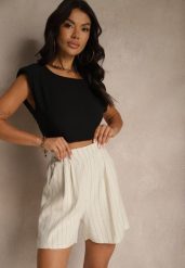 Beżowe Szorty z Lnem i Wiskozą High Waist w Paski Kolirelle. Brązowe szorty damskie Renee, bez wzorów, z wiskozy, z podwyższonym stanem. Za 69.99 zł.