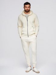 Komplet dresowy męski set bluza rozpinana z kapturem + spodnie joggery - kremowy V11 - Rozmiar: S. Białe bluzy męskie Ombre Clothing, m, z aplikacjami, z bawełny, z kapturem. Za 339.99 zł.