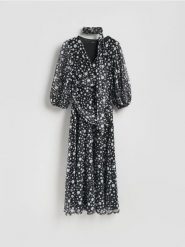 Szyfonowa sukienka maxi - czarny. Czarne sukienki damskie Reserved, l, bez wzorów, z dzianiny, bez kołnierzyka, bez ramiączek, maxi. Za 159.99 zł.