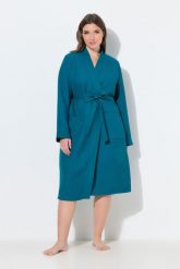 Damskie Szlafrok kołnierz szalowy pasek pika waflowa długi rękaw. Niebieskie szlafroki damskie Ulla Popken, plus size, bez wzorów, z bawełny, plus size, bez ramiączek, długie, bez kaptura. Za 279.99 zł.