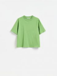 T-shirt z bawełną - zielony. Zielone t-shirty damskie Reserved, l, bez wzorów, z bawełny, klasyczne, bez kołnierzyka. Za 59.99 zł.