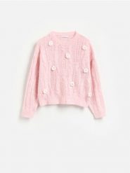 Sweter z kwiatową aplikacją - różowy. Czerwone swetry damskie Reserved, l, z aplikacjami, z dzianiny, bez kołnierzyka, bez ramiączek, bez kaptura. Za 129.99 zł.