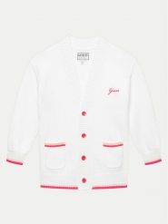 Guess Kardigan J4YR04 Z3GS0 Biały Relaxed Fit. Białe swetry dla dziewczynek Guess, z aplikacjami, z wiskozy, bez kołnierzyka, bez ramiączek, bez kaptura. Za 159.99 zł.