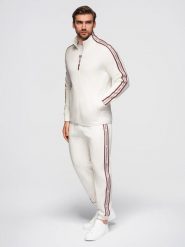 Dresowy komplet męski bluza rozpinana + spodnie dresowe joggery - biały V2 - Rozmiar: XXL. Białe bluzy męskie Ombre Clothing, m, bez wzorów, z bawełny, na fitness i siłownię. Za 399.99 zł.