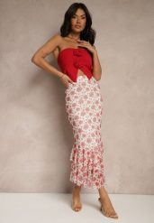 Biało-Czerwona Dopasowana Spódnica z Ozdobną Falbaną Efravaria. Białe spódnice damskie Renee, m, bez wzorów, eleganckie, midi, dopasowane. Za 74.99 zł.