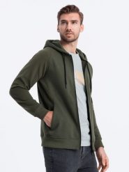 Bluza męska rozpinana z kapturem - khaki V1 OM-SSZP-0124 - L. Brązowe bluzy męskie Ombre Clothing, l, bez wzorów, z bawełny, z kapturem. W wyprzedaży za 59.99 zł.