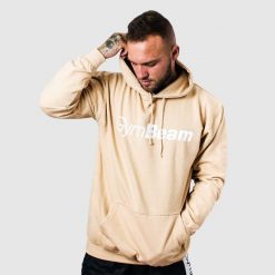 Bluza męska fitness z kapturem kremowa PRO Hoodie. Białe bluzy męskie GYMBEAM, m, bez wzorów, z bawełny, z kapturem, na fitness i siłownię. Za 88.90 zł.