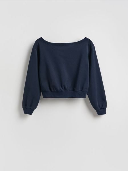 Bluza z odkrytymi ramionami - granatowy. Niebieskie bluzy damskie Reserved, l, bez wzorów, z bawełny, bez kaptura. W wyprzedaży za 45.99 zł.