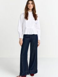 Rich & Royal Bluzka damska z falbanką Kobiety Bawełna biały jednolity, 38. Białe bluzki damskie Rich & Royal, bez wzorów, z bawełny, eleganckie, bez kołnierzyka, bez ramiączek. Za 629.95 zł.