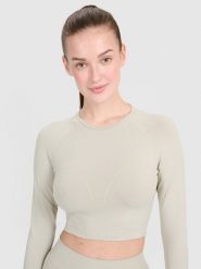 4F Longsleeve treningowy crop-top z wycięciem na plecach damski - beżowy M/L. Brązowe koszulki sportowe damskie 4f, l, bez wzorów, bez kołnierzyka. W wyprzedaży za 59.99 zł.